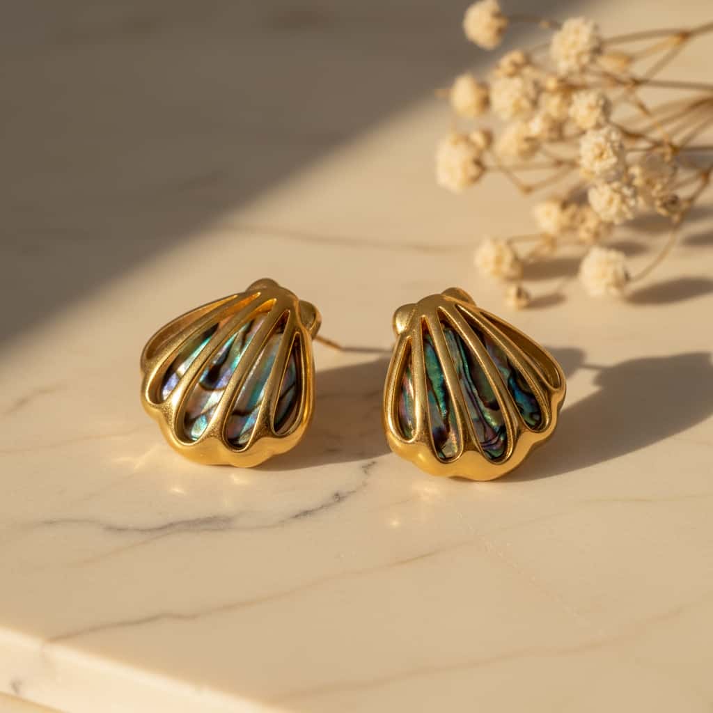 Stud σκουλαρίκια shell fan με abalone, χρυσό ανοξείδωτο ατσάλι, flat lay σε μάρμαρο — Celestial Steel