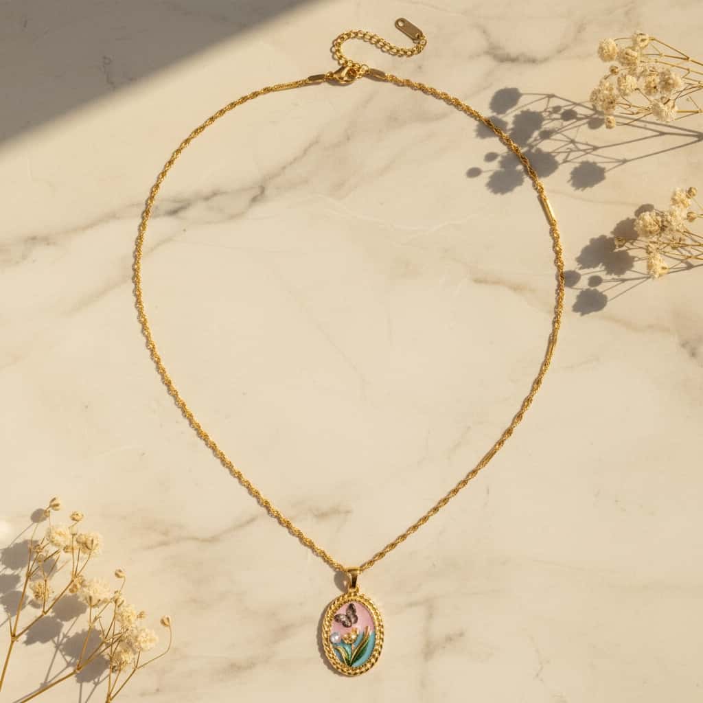 Κολιέ με οβάλ enamel pendant τουλίπα και πεταλούδα σε rope chain, χρυσό ανοξείδωτο ατσάλι, flat lay σε μάρμαρο — Celestial Steel