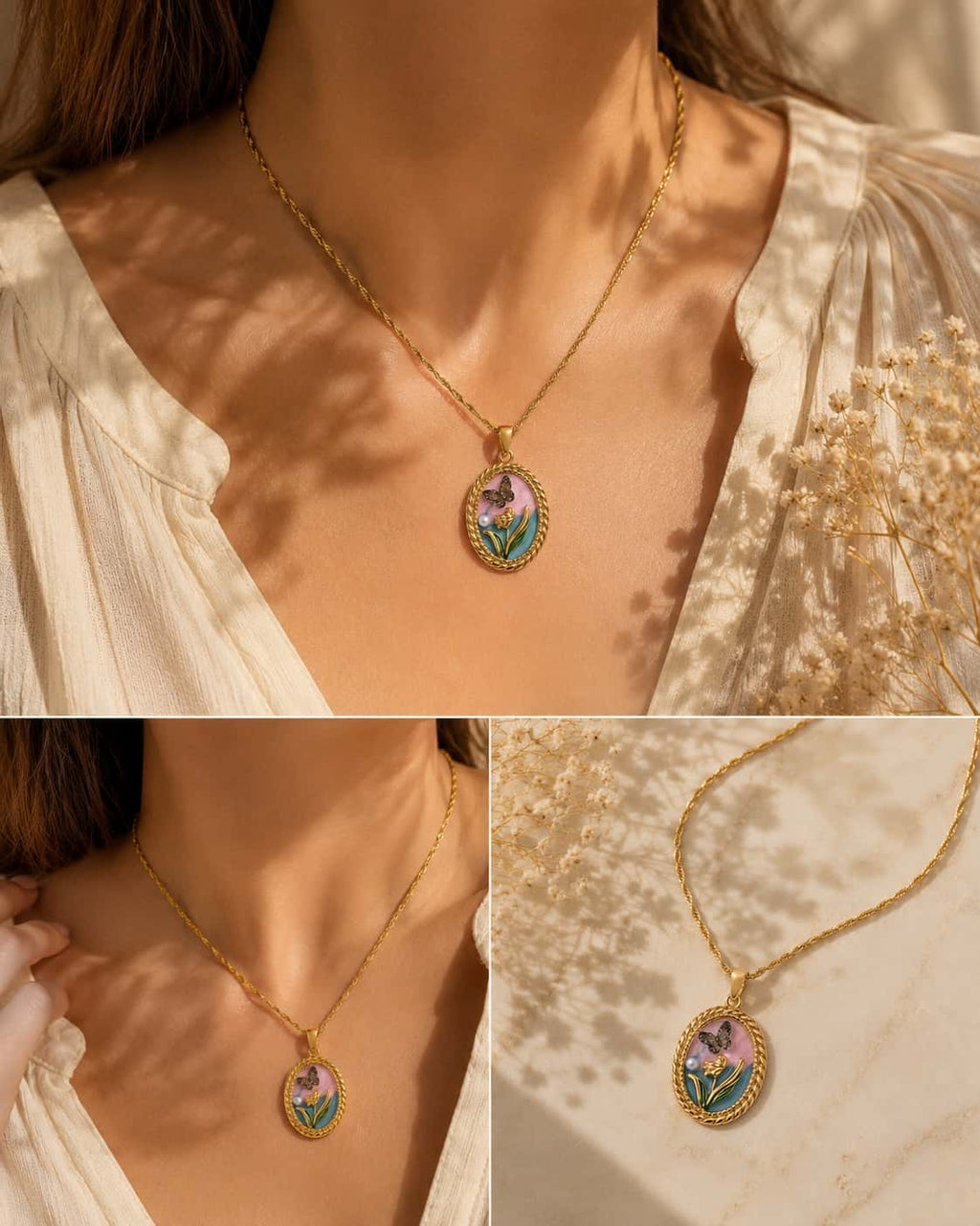 Κολιέ με οβάλ enamel pendant τουλίπα και πεταλούδα φορεμένο, χρυσό ανοξείδωτο ατσάλι — Celestial Steel