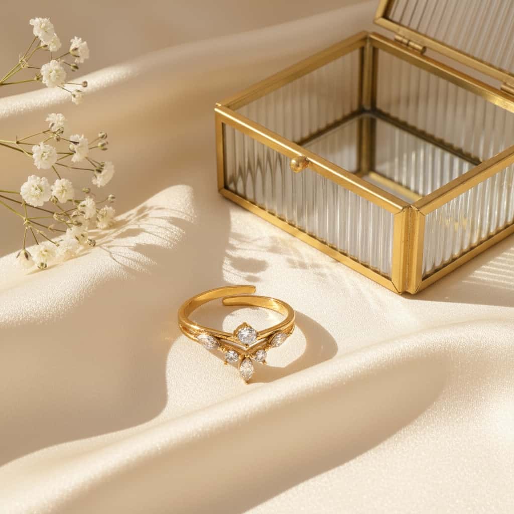Butterfly marquise ζιρκόν δαχτυλίδι, χρυσό ανοξείδωτο ατσάλι, flat lay σε σατέν με glass jewelry box — Celestial Steel