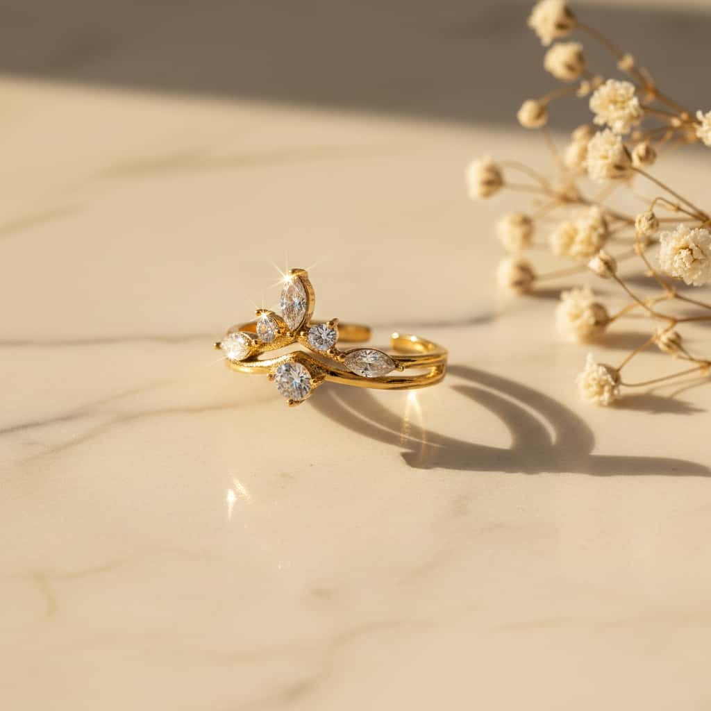 Butterfly marquise ζιρκόν δαχτυλίδι, χρυσό ανοξείδωτο ατσάλι, flat lay σε μάρμαρο με gypsophila — Celestial Steel