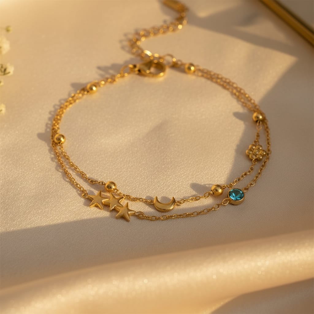 Κοντινό διπλό βραχιόλι με celestial charms αστέρια φεγγάρι και τιρκουάζ ζιργκόν, χρυσό ανοξείδωτο ατσάλι — Celestial Steel