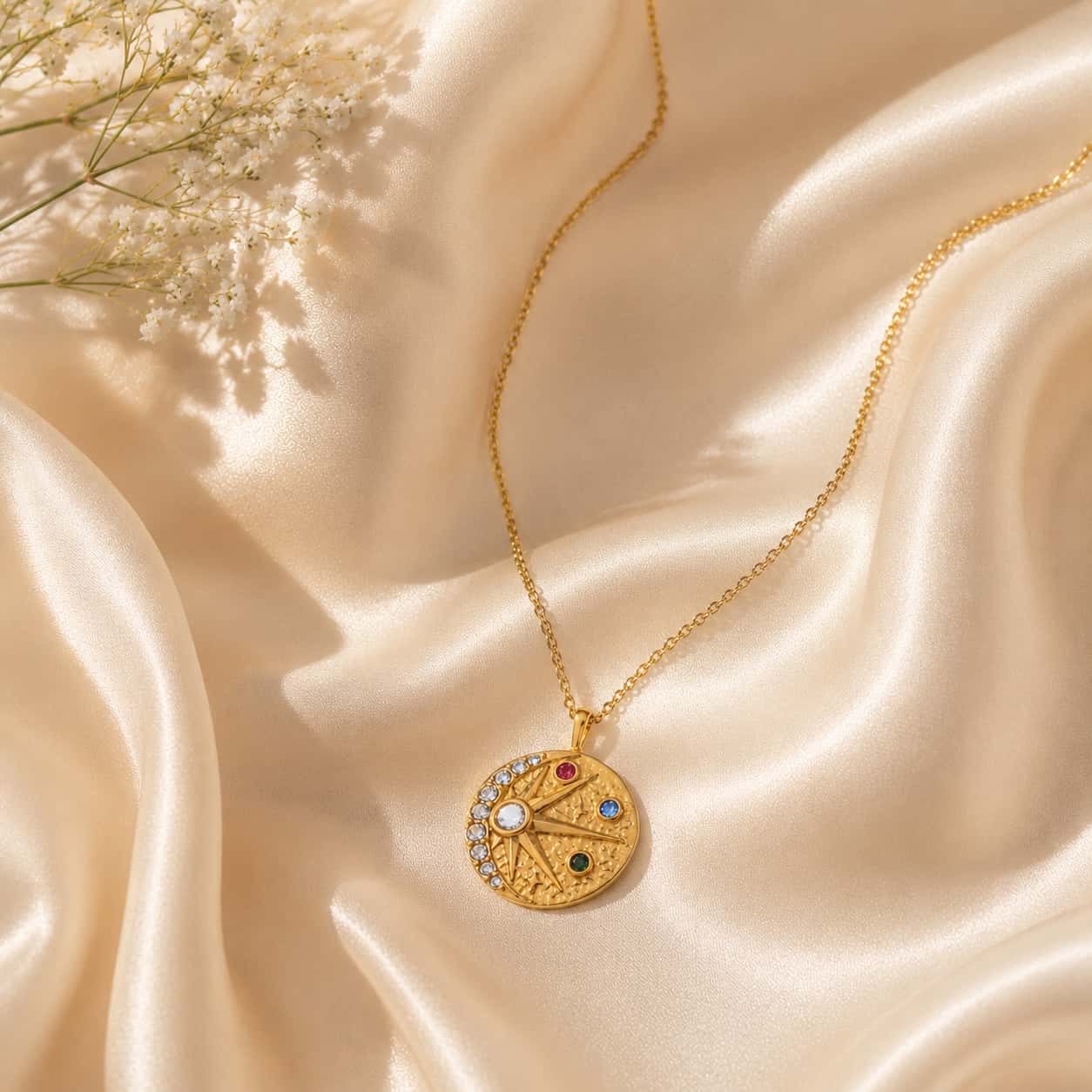 Celestial coin pendant κολιέ, χρυσό ανοξείδωτο ατσάλι με multicolor ζιρκόν και star burst, flat lay σε σατέν — Celestial Steel
