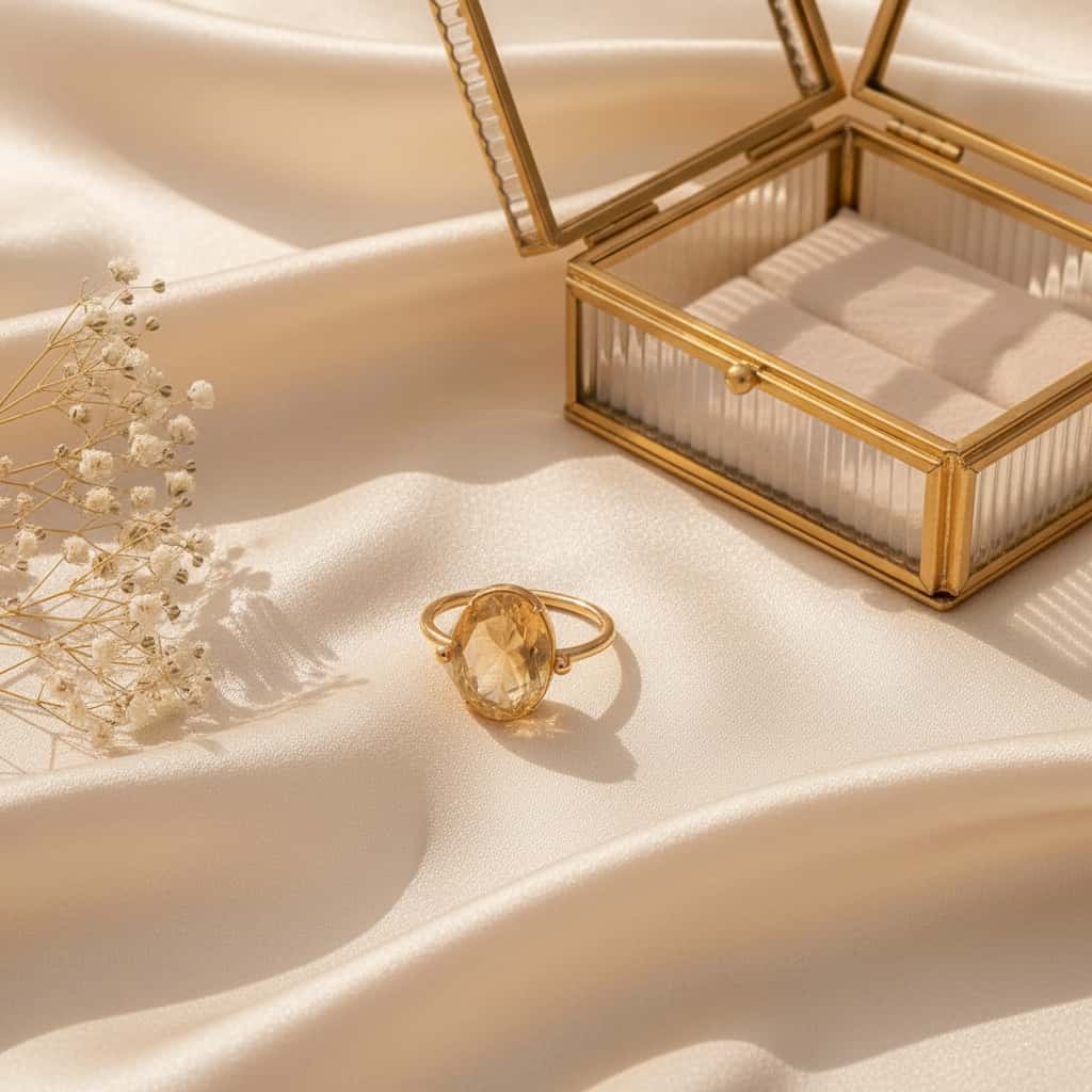 Citrine oval δαχτυλίδι, χρυσό 925 ασήμι χειροποίητο, flat lay σε σατέν — Celestial Steel