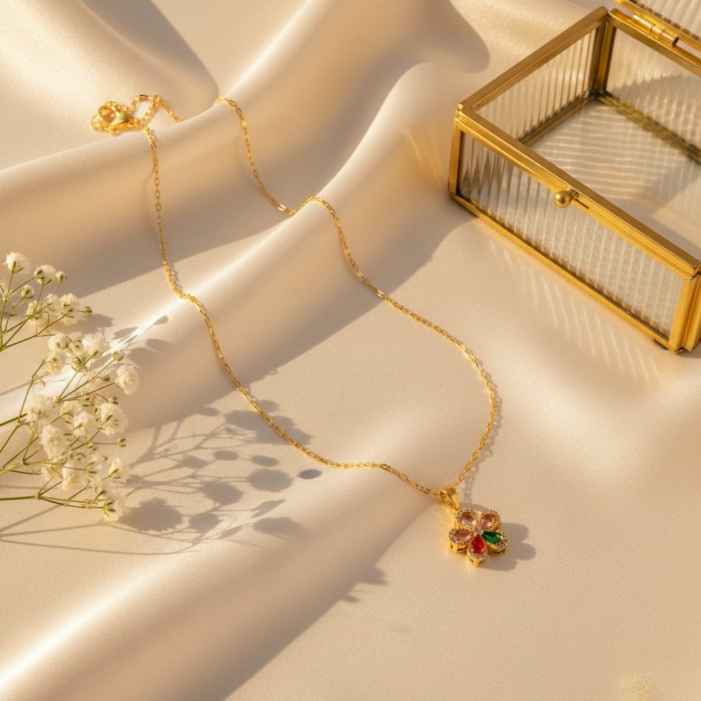 Κολιέ με περιστρεφόμενο flower pendant πολύχρωμα ζιργκόν, χρυσό ανοξείδωτο ατσάλι, lifestyle σε σατέν — Celestial Steel