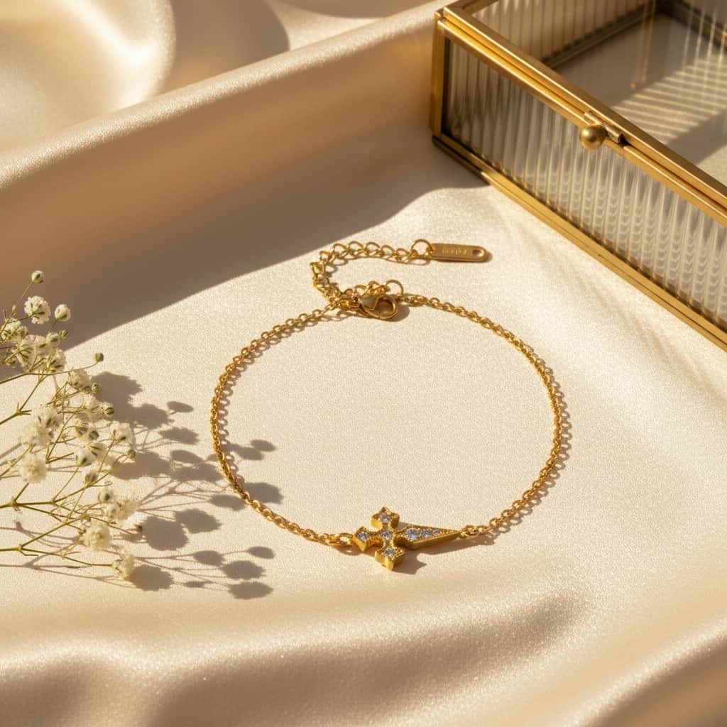 Βραχιόλι cross pendant με λευκό ζιργκόν pave σε cable chain, lifestyle με σατέν και κοσμηματοθήκη — Celestial Steel