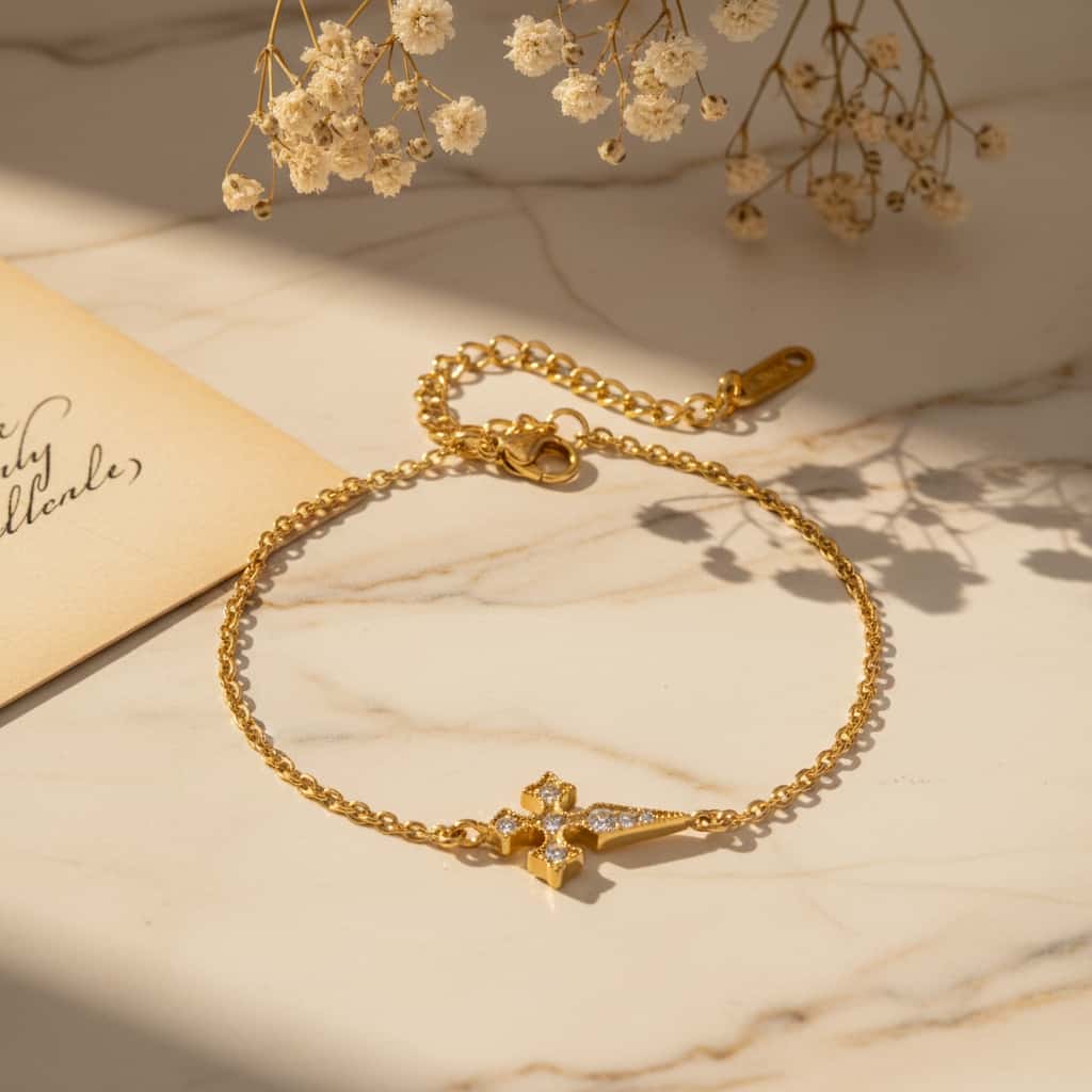 Βραχιόλι με gothic cross pendant ζιργκόν σε cable chain, lifestyle με μάρμαρο και gypsophila — Celestial Steel