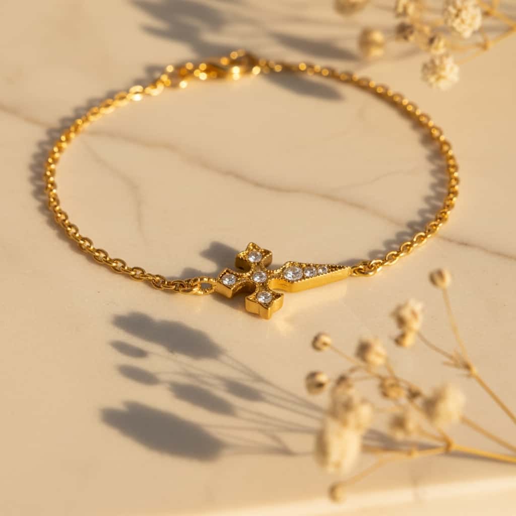 Λεπτομέρεια gothic cross pendant με λευκό ζιργκόν pave, χρυσό ανοξείδωτο ατσάλι — Celestial Steel