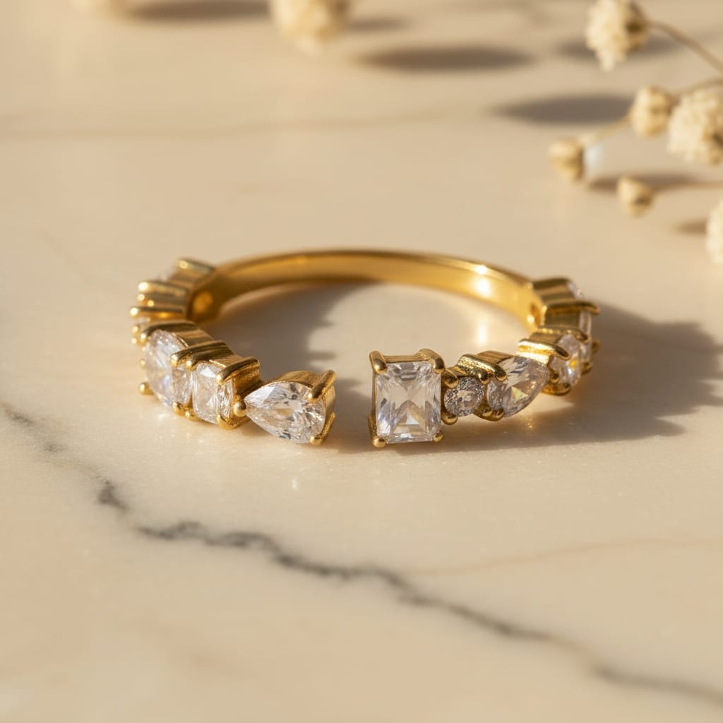 Κοντινό δαχτυλίδι open band με cushion-cut και pear-cut ζιργκόν, χρυσό ανοξείδωτο ατσάλι — Celestial Steel