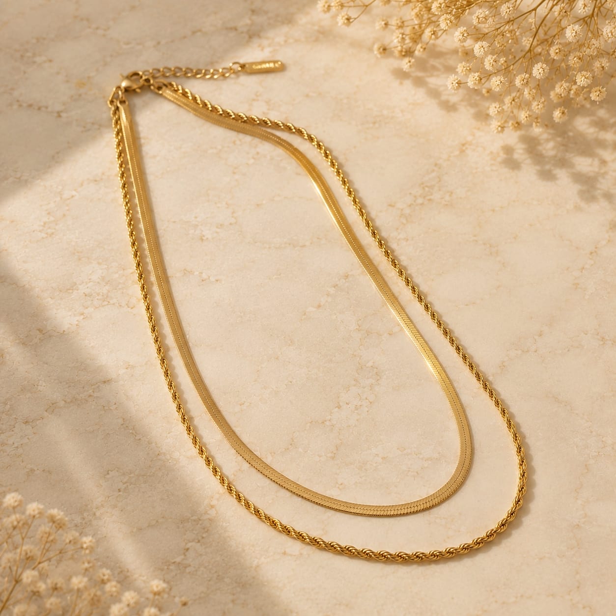 Double layer herringbone και rope chain κολιέ, χρυσό ανοξείδωτο ατσάλι, product shot — Celestial Steel