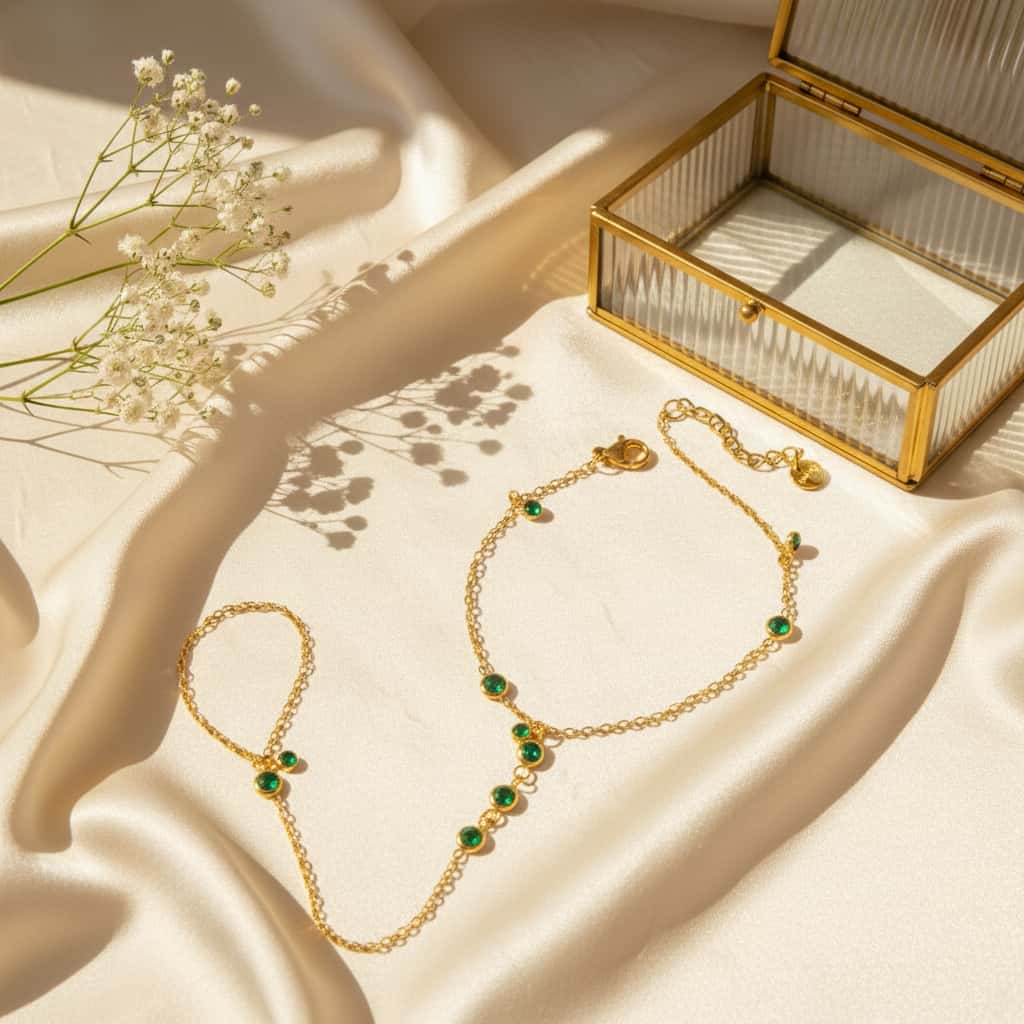 Emerald ζιρκόν hand chain βραχιόλι, χρυσό ανοξείδωτο ατσάλι με πράσινο ζιρκόν, flat lay σε σατέν με glass jewelry box — Celestial Steel