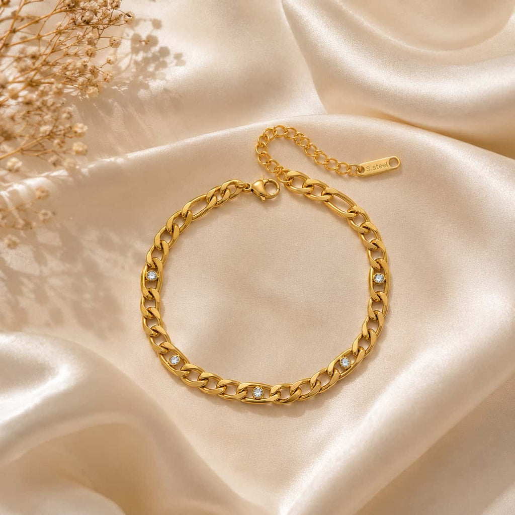 bezel-set ζιργκόν σε figaro chain βραχιόλι, χρυσό ανοξείδωτο ατσάλι — Celestial Steel