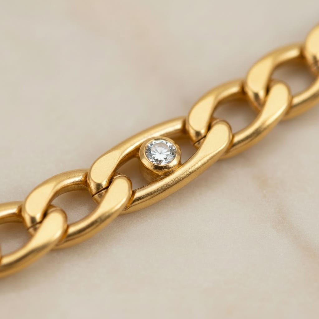 Κοντινό bezel-set ζιργκόν σε figaro chain βραχιόλι, χρυσό ανοξείδωτο ατσάλι — Celestial Steel