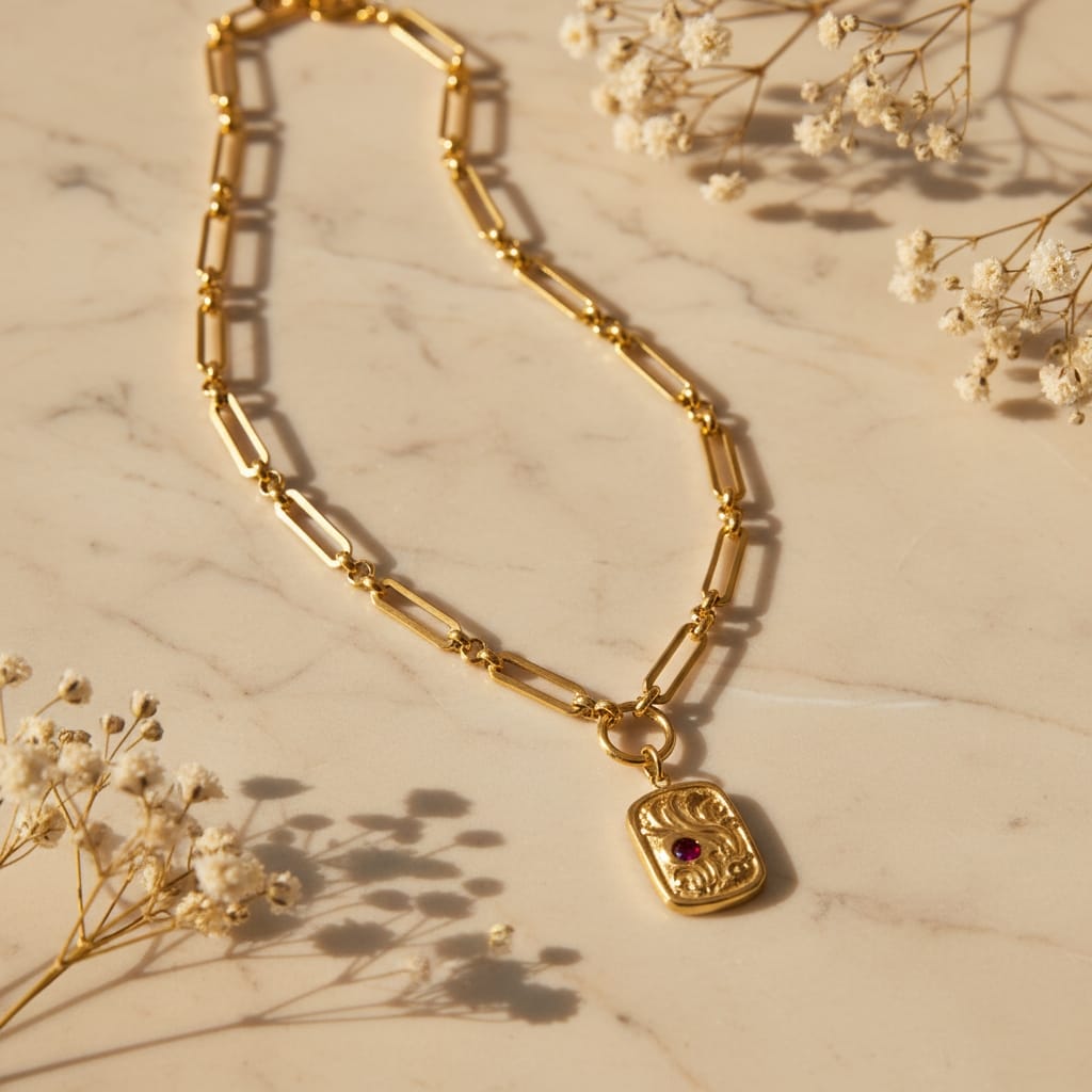 Κοντινό κολιέ paperclip chain με embossed medallion charm και κόκκινη πέτρα, χρυσό ανοξείδωτο ατσάλι — Celestial Steel