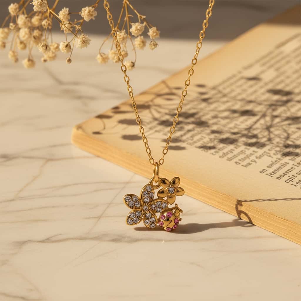 Κολιέ floral charm με λουλούδια ζιργκόν και πασχαλίτσα ροζ ζιργκόν, lifestyle με μάρμαρο και gypsophila — Celestial Steel