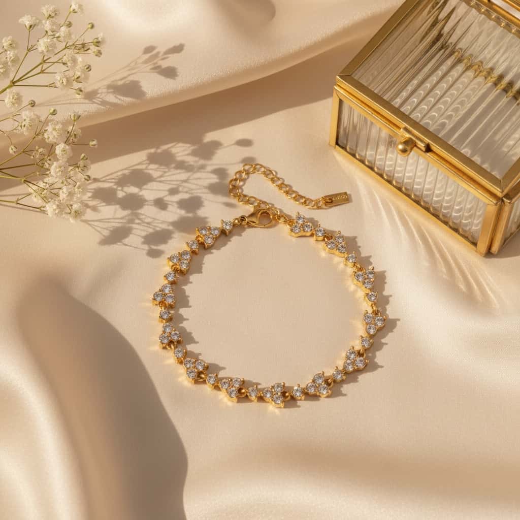 Βραχιόλι με λευκό ζιργκόν σε floral cluster setting, lifestyle με gypsophila και κοσμηματοθήκη — Celestial Steel