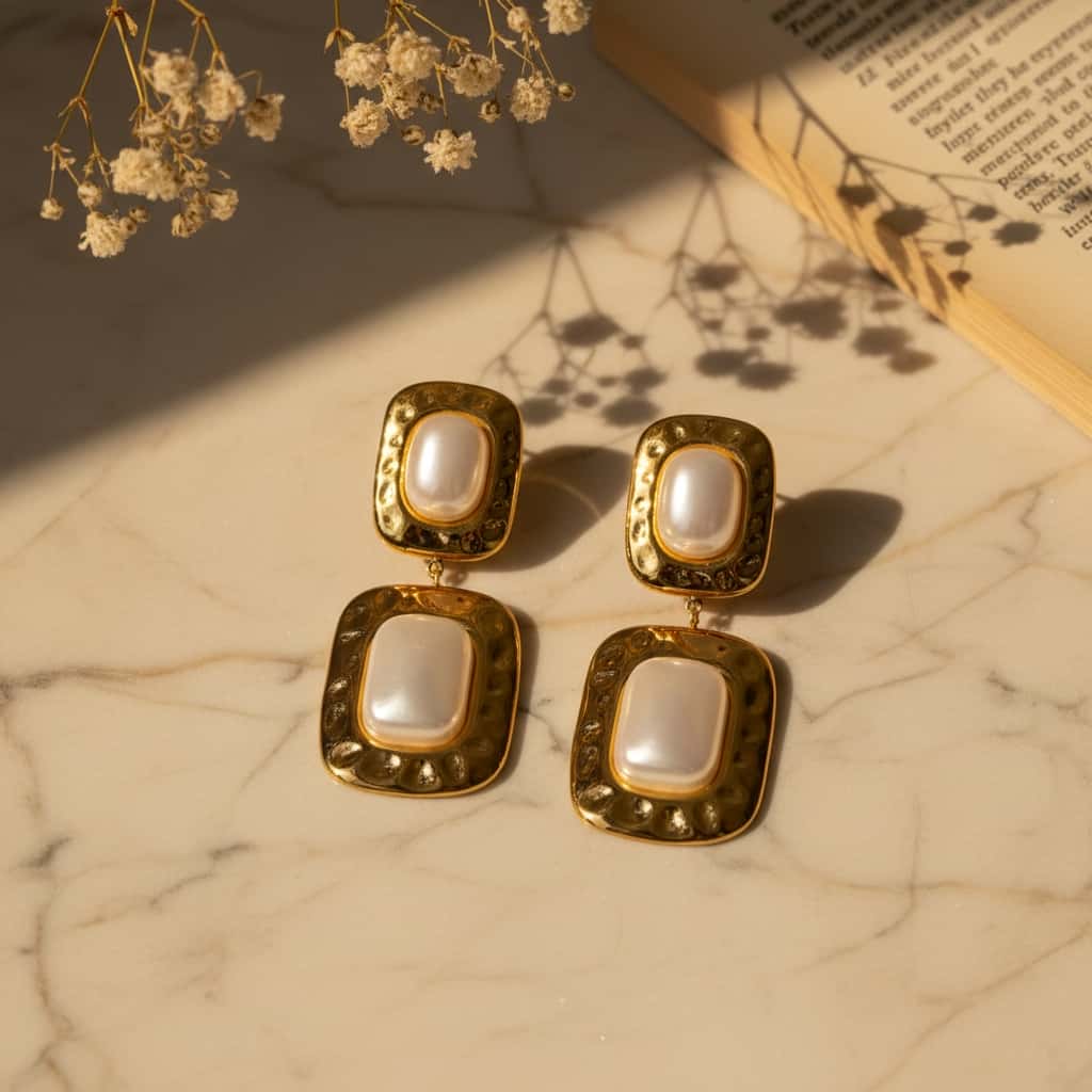 Σκουλαρίκια drop hammered freshwater pearl σε χρυσό ανοξείδωτο ατσάλι, lifestyle με μάρμαρο και gypsophila — Celestial Steel