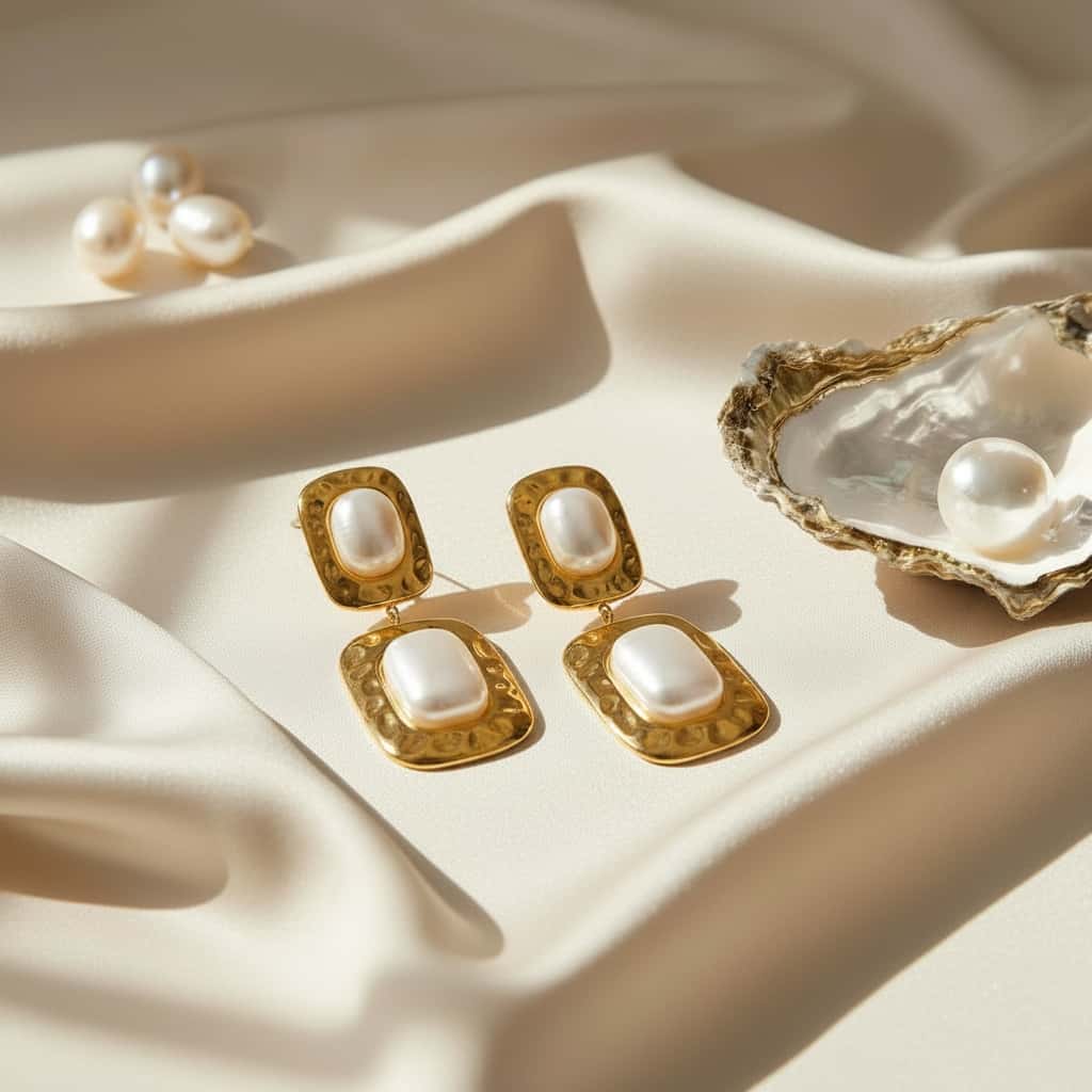 Σκουλαρίκια drop hammered freshwater pearl, χρυσό ανοξείδωτο ατσάλι, lifestyle με σατέν και oyster shell — Celestial Steel