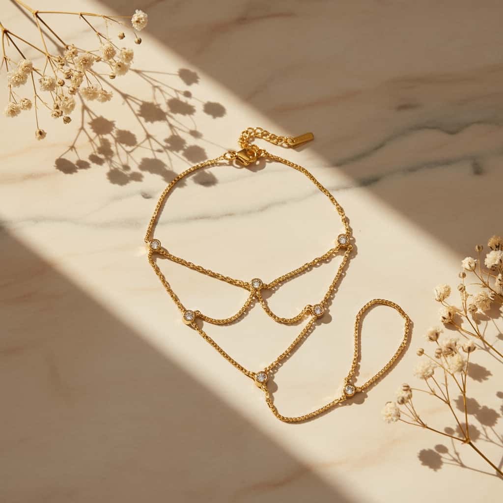 Ring bracelet hand chain με λευκά ζιργκόν σε cable chain, χρυσό ανοξείδωτο ατσάλι, flat lay σε μάρμαρο — Celestial Steel