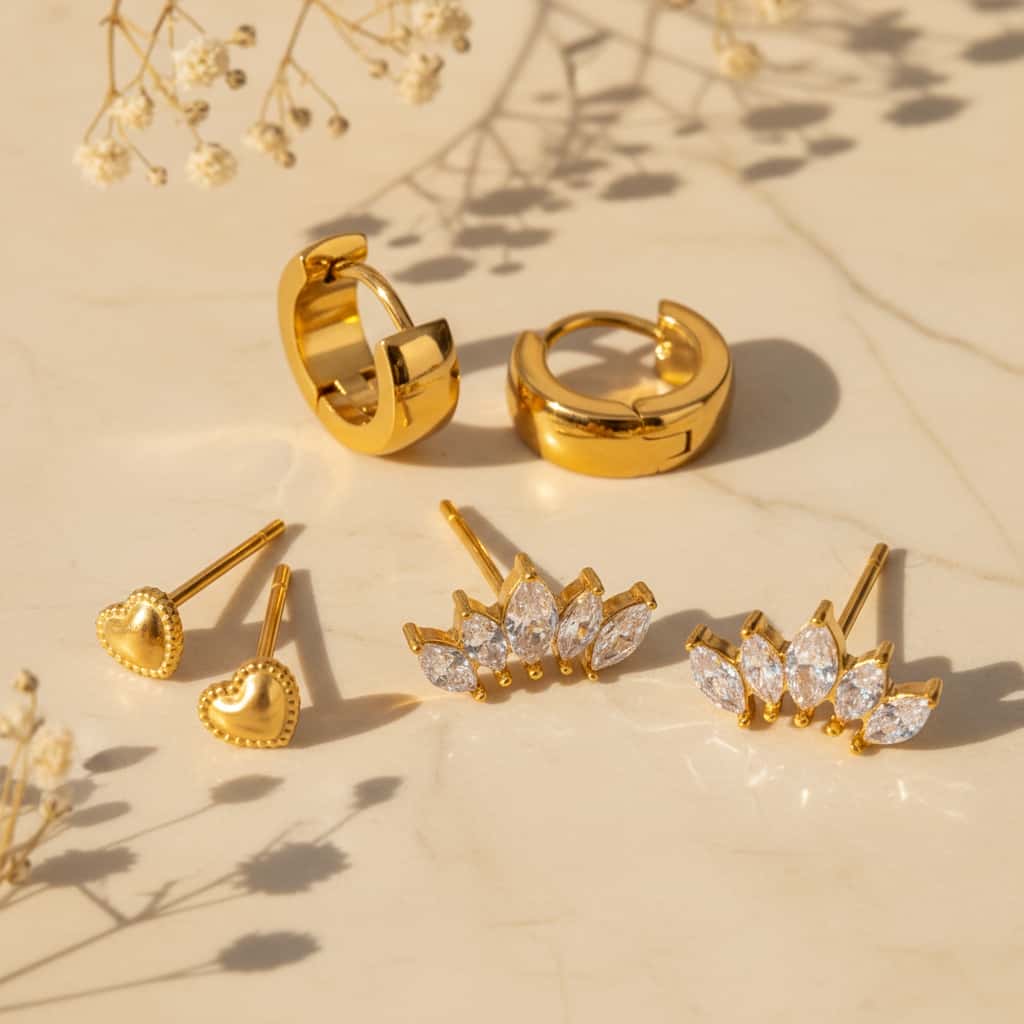 Set 3 σκουλαρικιών huggie, heart stud και marquise climber, χρυσό ανοξείδωτο ατσάλι, flat lay σε μάρμαρο — Celestial Steel
