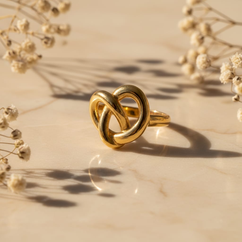 Δαχτυλίδι sculptural knot, χρυσό ανοξείδωτο ατσάλι, flat lay σε μάρμαρο με gypsophila — Celestial Steel