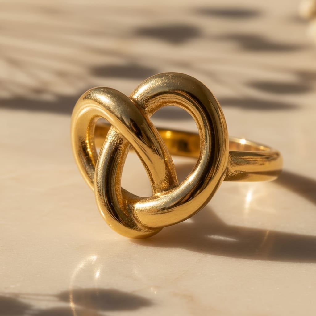 Δαχτυλίδι sculptural knot, χρυσό ανοξείδωτο ατσάλι, κοντινό σε μάρμαρο — Celestial Steel