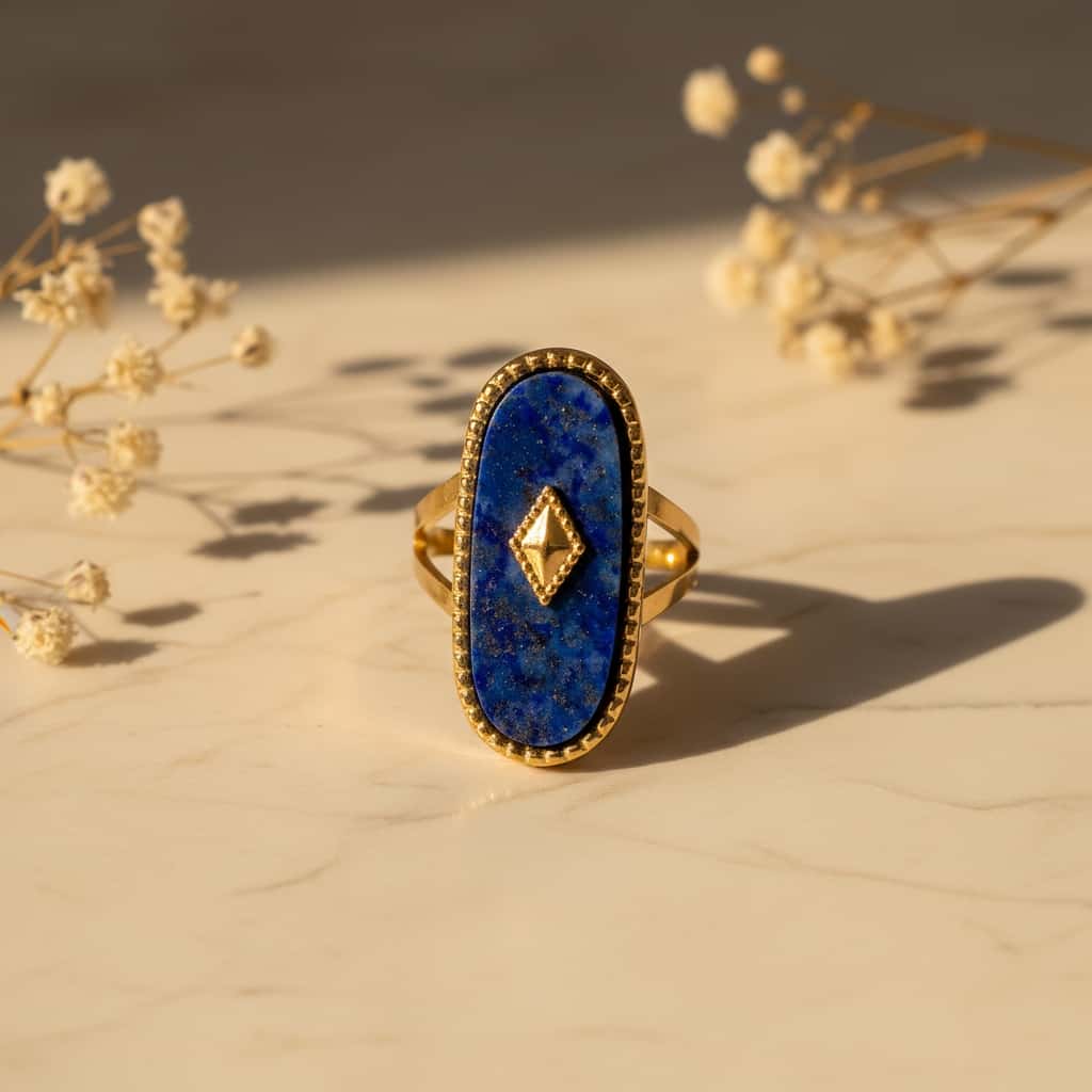 Oval lapis lazuli statement δαχτυλίδι με χρυσό diamond detail, χρυσό ανοξείδωτο ατσάλι, flat lay σε μάρμαρο — Celestial Steel