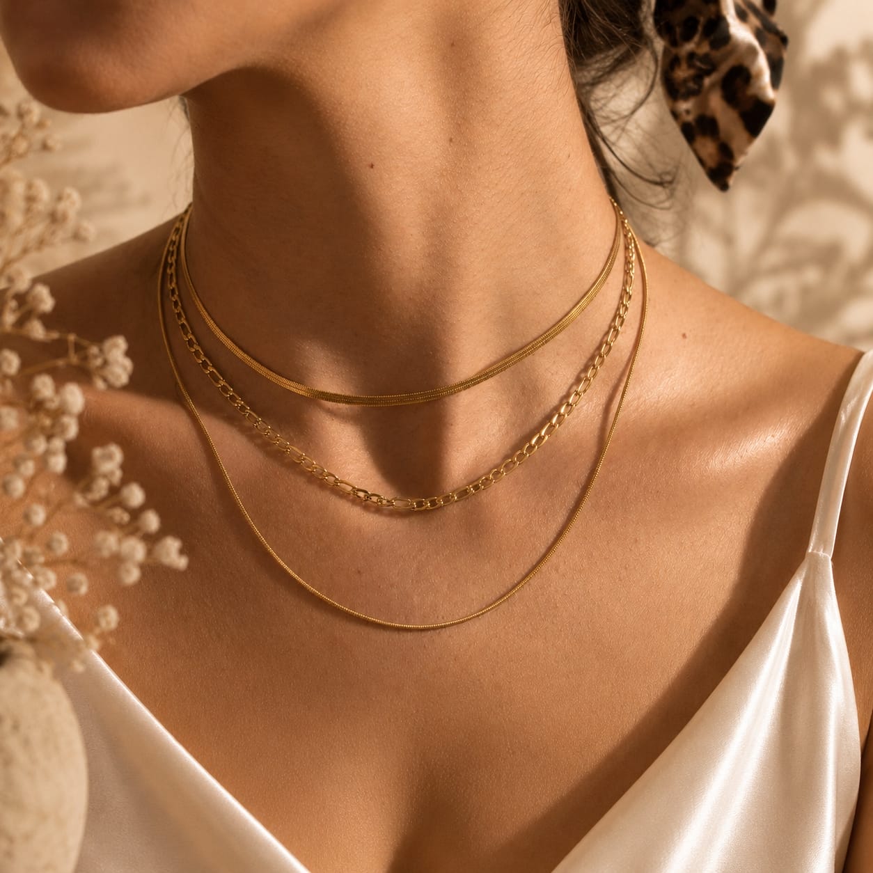 Layered 3-in-1 κολιέ herringbone, figaro και box chain φορεμένα, χρυσό ανοξείδωτο ατσάλι — Celestial Steel