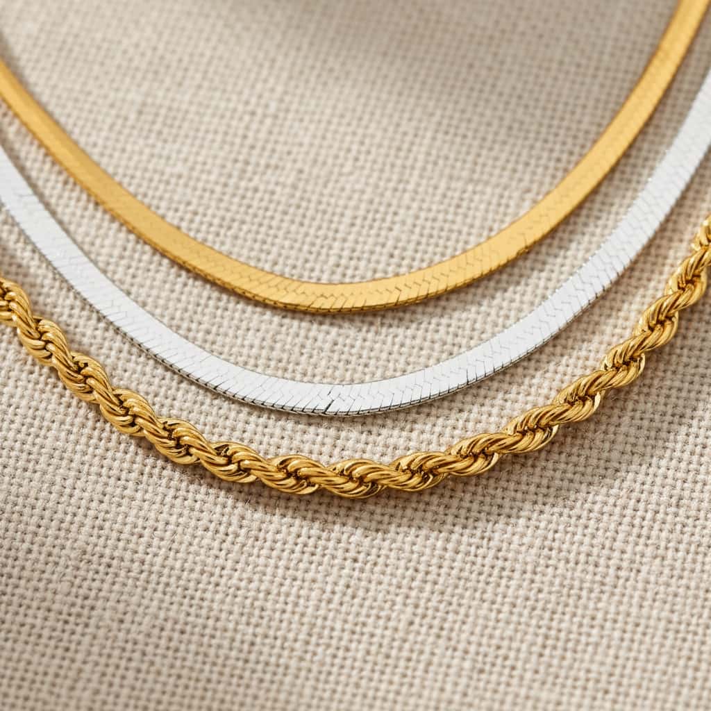 Λεπτομέρεια αλυσίδας rope και herringbone σε χρυσό και ασημί ανοξείδωτο ατσάλι — Celestial Steel