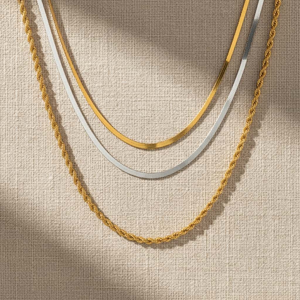 Τριπλό κολιέ αλυσίδα herringbone και rope σε χρυσό και ασημί, flat lay — Celestial Steel