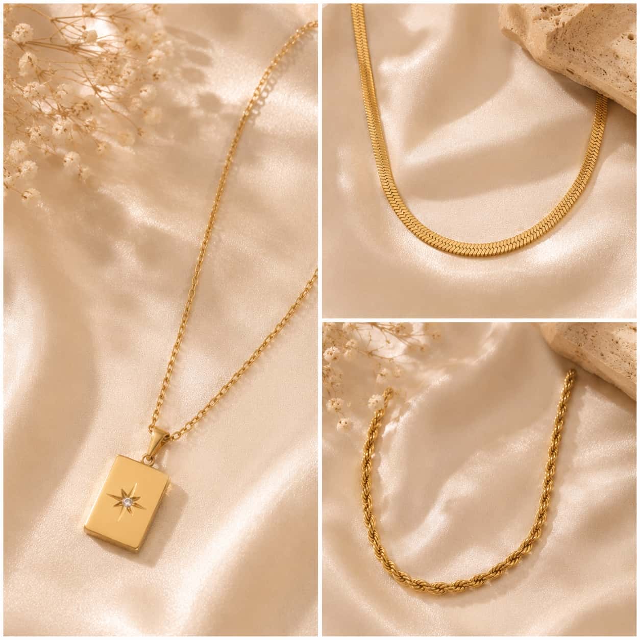 Detail shots set 3 κολιέ: star pendant, herringbone και rope chain, χρυσό ανοξείδωτο ατσάλι — Celestial Steel
