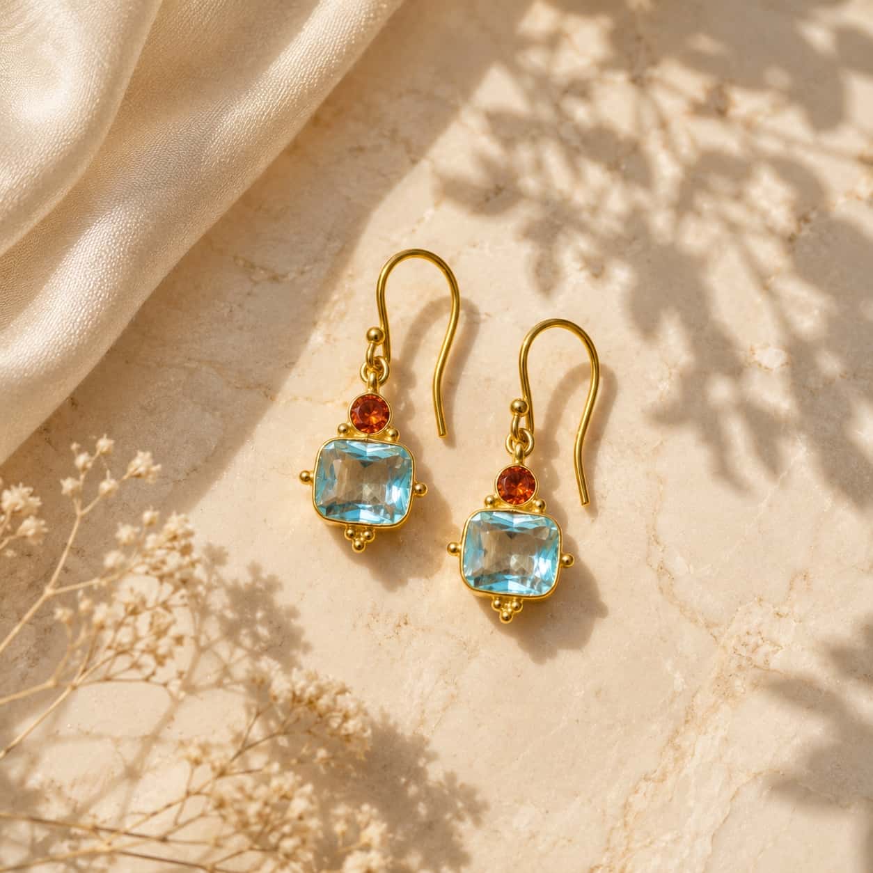 London blue topaz και rhodolite drop σκουλαρίκια, χρυσό 925 ασήμι χειροποίητο, flat lay σε μάρμαρο — Celestial Steel