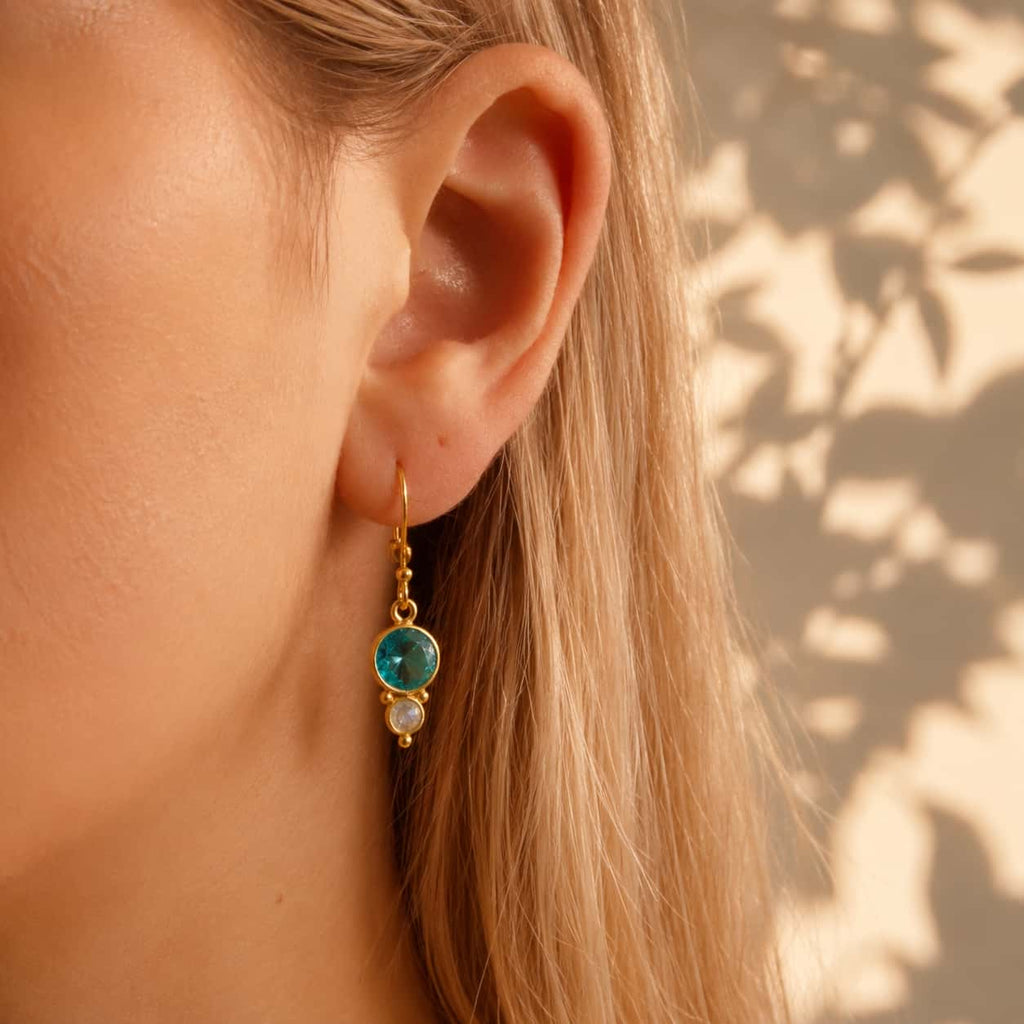 London blue topaz και sky blue topaz drop σκουλαρίκια φορεμένα, χρυσό 925 ασήμι χειροποίητο — Celestial Steel