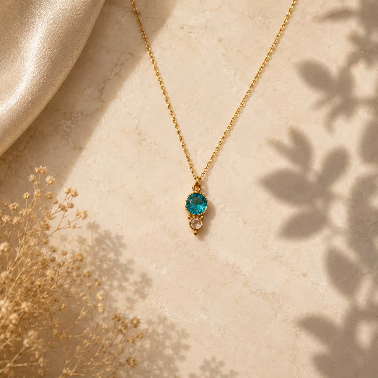 London blue topaz και sky blue topaz pendant κολιέ, χρυσό 925 ασήμι χειροποίητο, flat lay σε μάρμαρο — Celestial Steel
