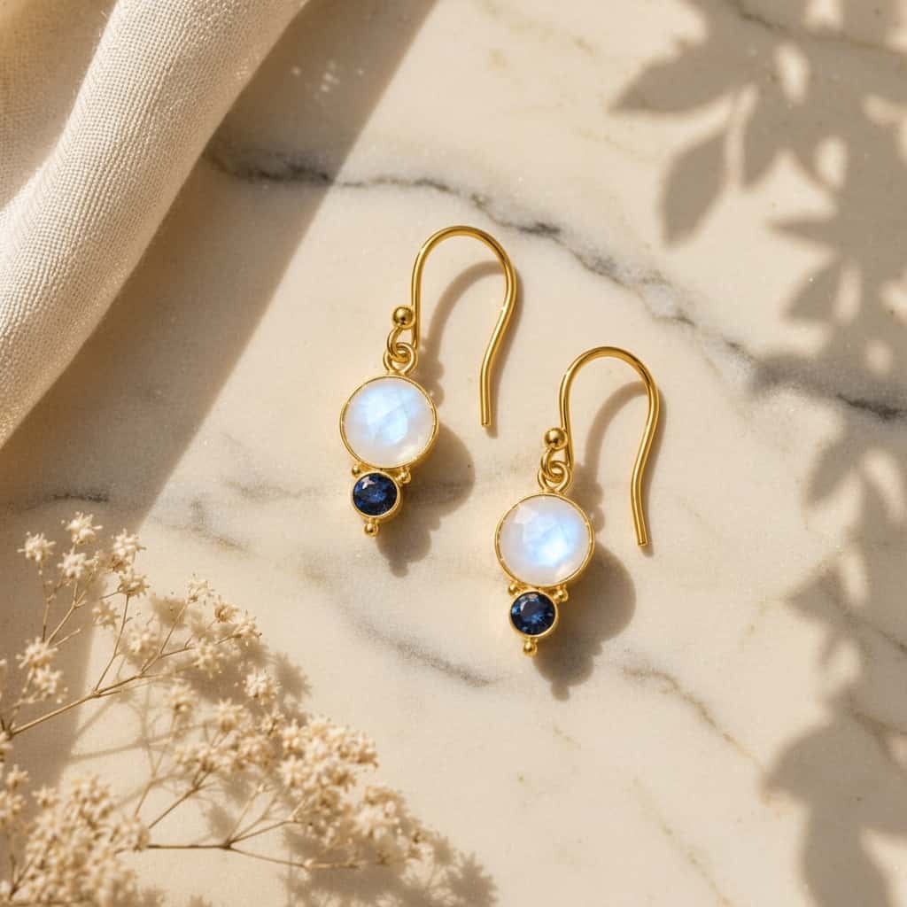 Moonstone και blue sapphire drop σκουλαρίκια, χρυσό 925 ασήμι χειροποίητο, flat lay σε μάρμαρο — Celestial Steel
