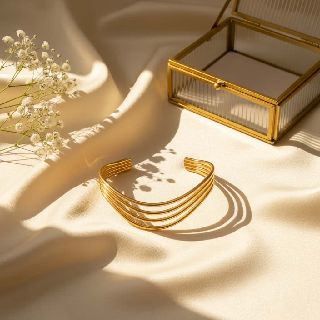 Χρυσό τετραπλό cuff βραχιόλι σε silk editorial σύνθεση — Celestial Steel