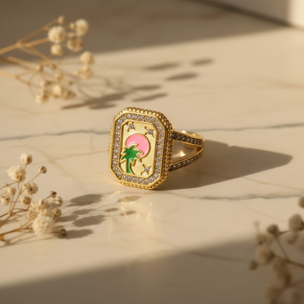Δαχτυλίδι signet με enamel φοίνικα και ζιργκόν, χρυσό ανοξείδωτο ατσάλι, πλαϊνή γωνία σε μάρμαρο — Celestial Steel 