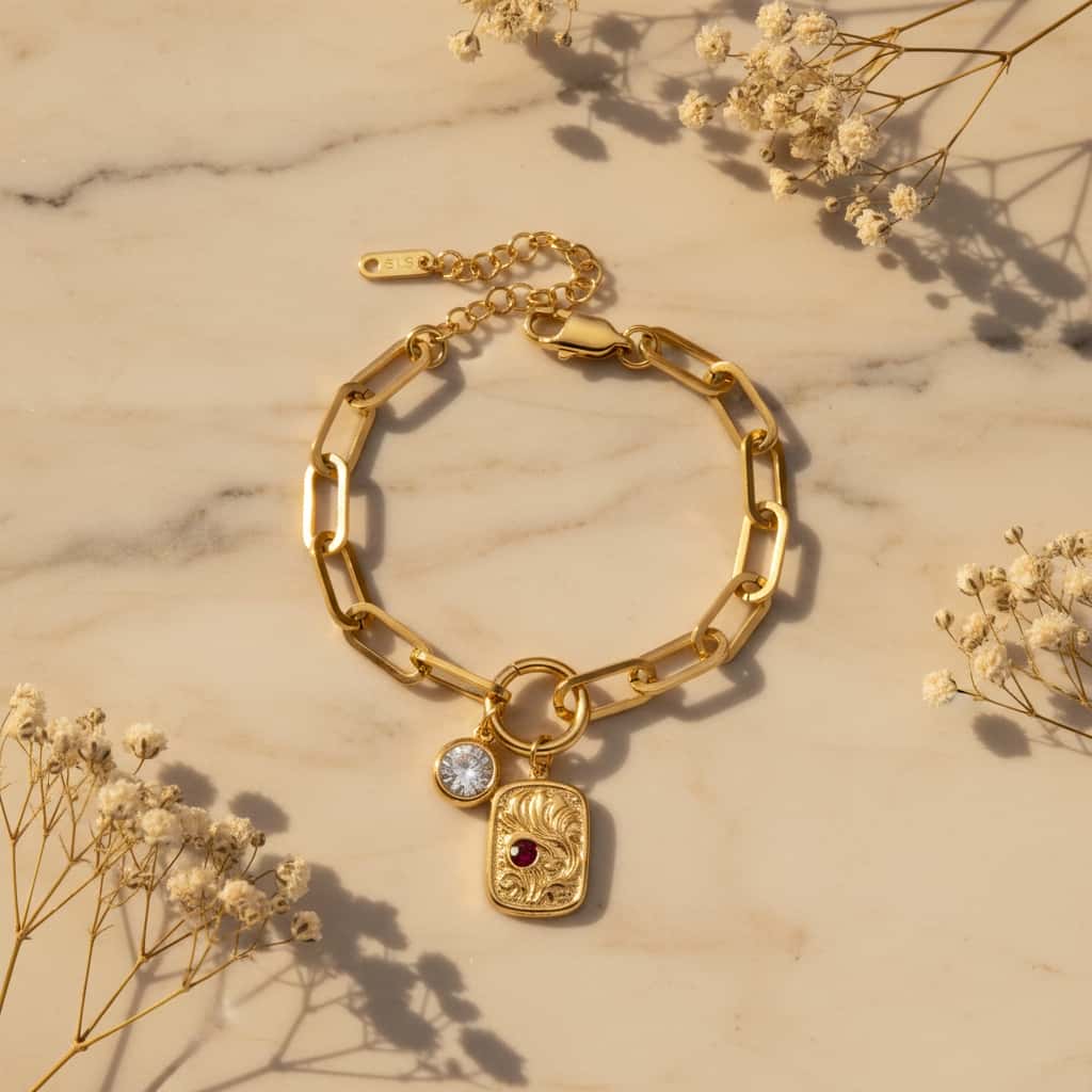 Βραχιόλι paperclip chain με engraved charm και ζιργκόν σε χρυσό ανοξείδωτο ατσάλι, lifestyle με μάρμαρο και gypsophila — Celestial Steel