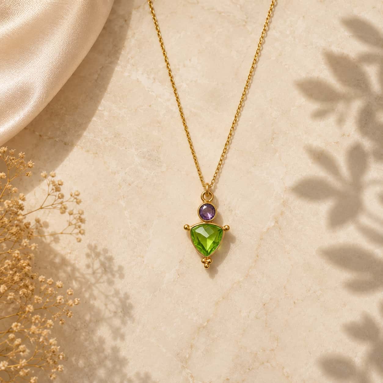 Peridot και amethyst pendant κολιέ, χρυσό 925 ασήμι χειροποίητο, flat lay σε μάρμαρο — Celestial Steel