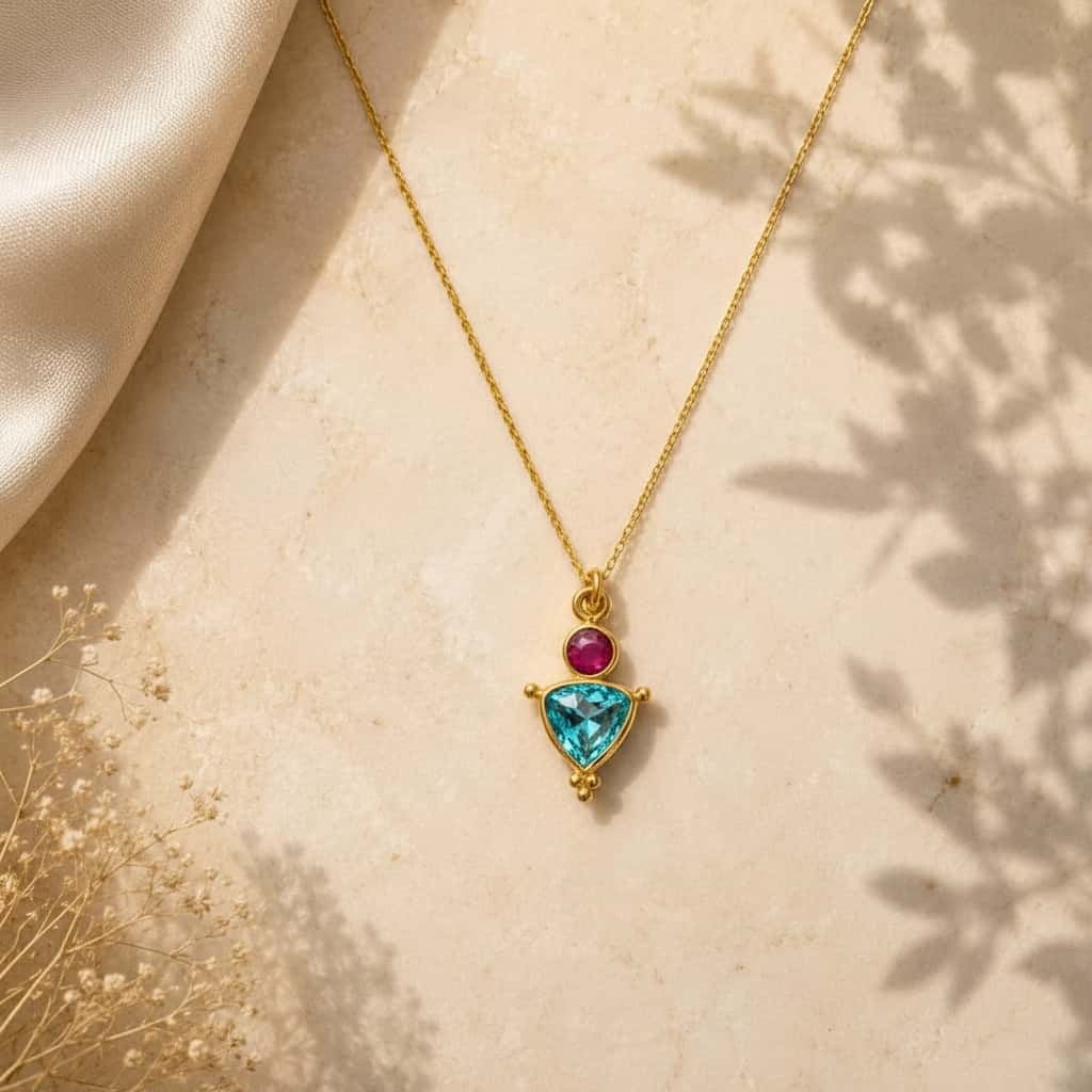 Pink chalcedony και sky blue topaz pendant κολιέ, χρυσό 925 ασήμι χειροποίητο, flat lay σε μάρμαρο — Celestial Steel