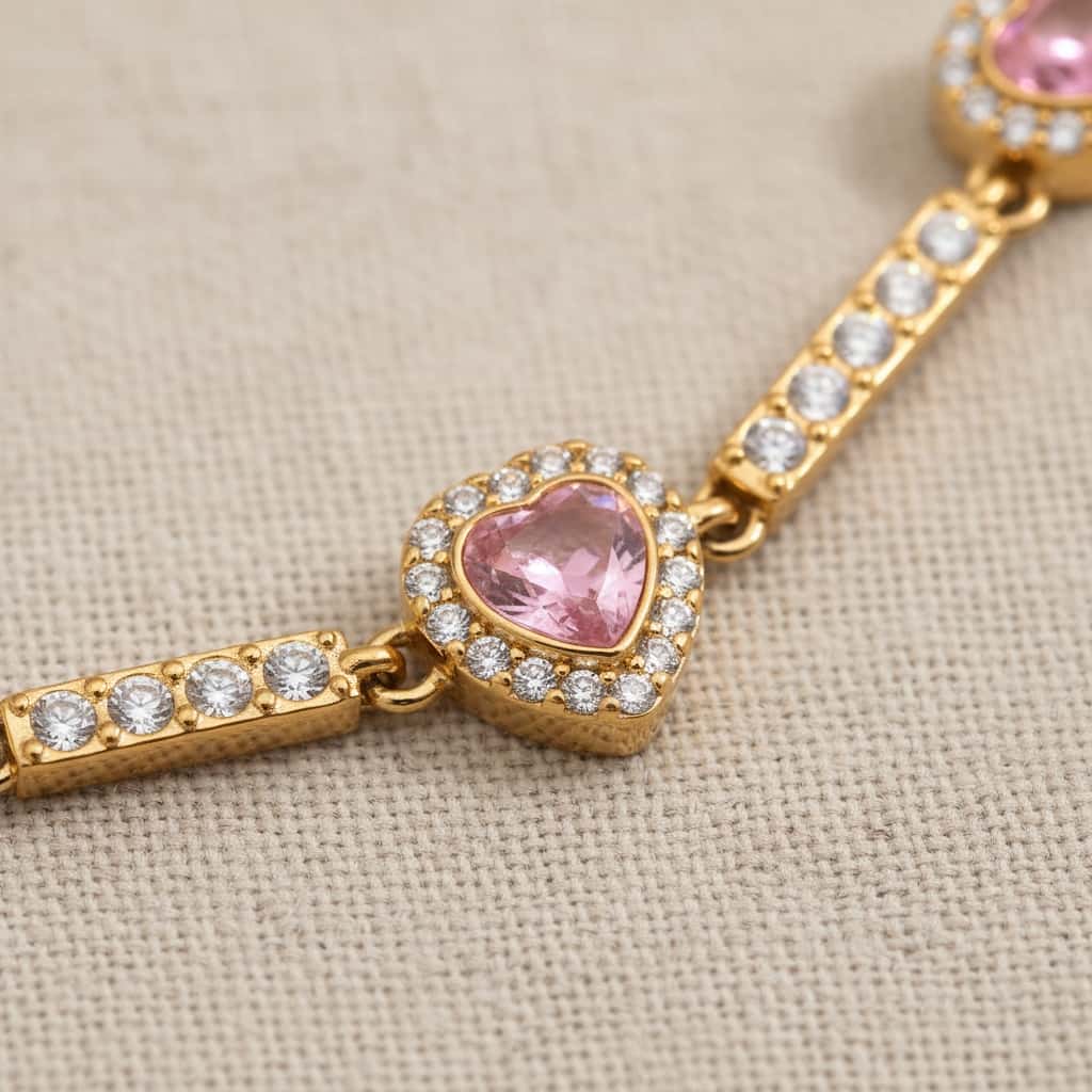 Λεπτομέρεια ροζ heart ζιργκόν σε gold halo setting, βραχιόλι χρυσό ανοξείδωτο ατσάλι — Celestial Steel