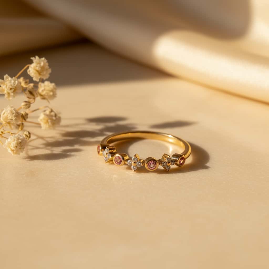Pink topaz και white zircon band δαχτυλίδι, χρυσό 925 ασήμι χειροποίητο, close-up flat lay — Celestial Steel