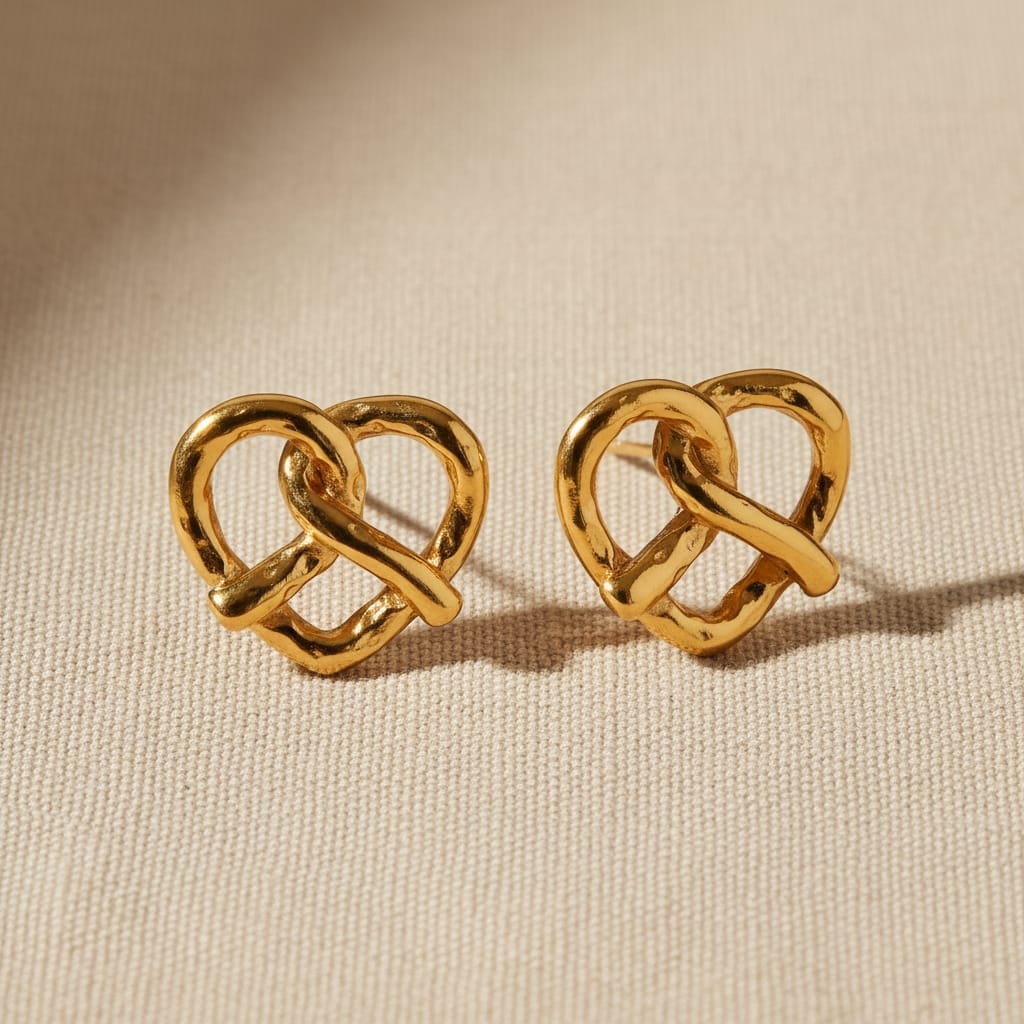 Σκουλαρίκια stud heart pretzel knot σε χρυσό ανοξείδωτο ατσάλι, product shot σε linen — Celestial Steel