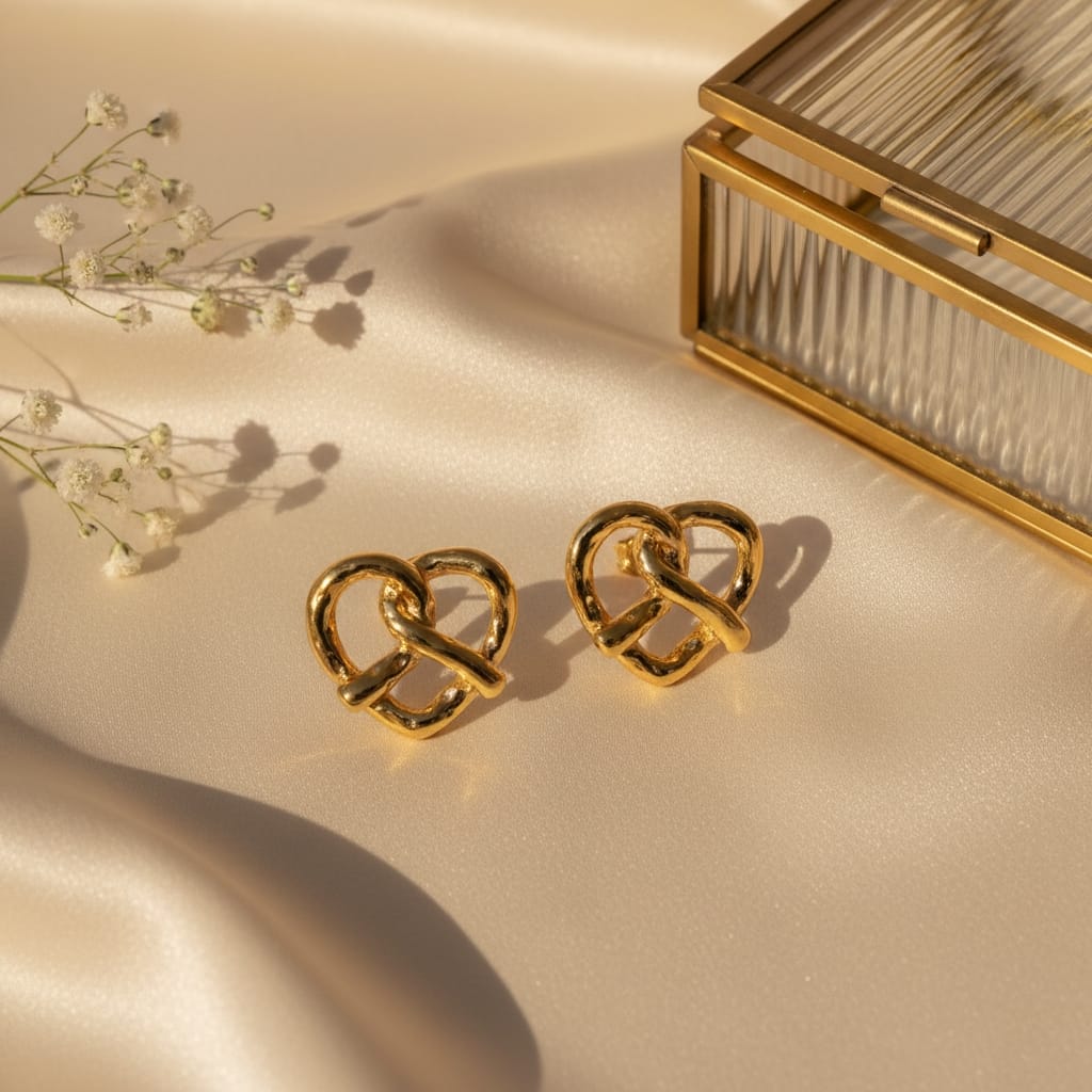 Σκουλαρίκια stud heart pretzel knot σε χρυσό ανοξείδωτο ατσάλι, lifestyle με σατέν και gypsophila — Celestial Steel 