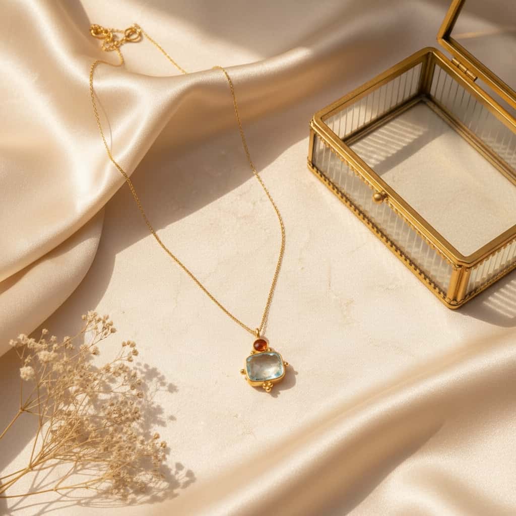 London blue topaz και rhodolite pendant κολιέ, χρυσό 925 ασήμι χειροποίητο, flat lay σε σατέν με glass jewelry box — Celestial Steel