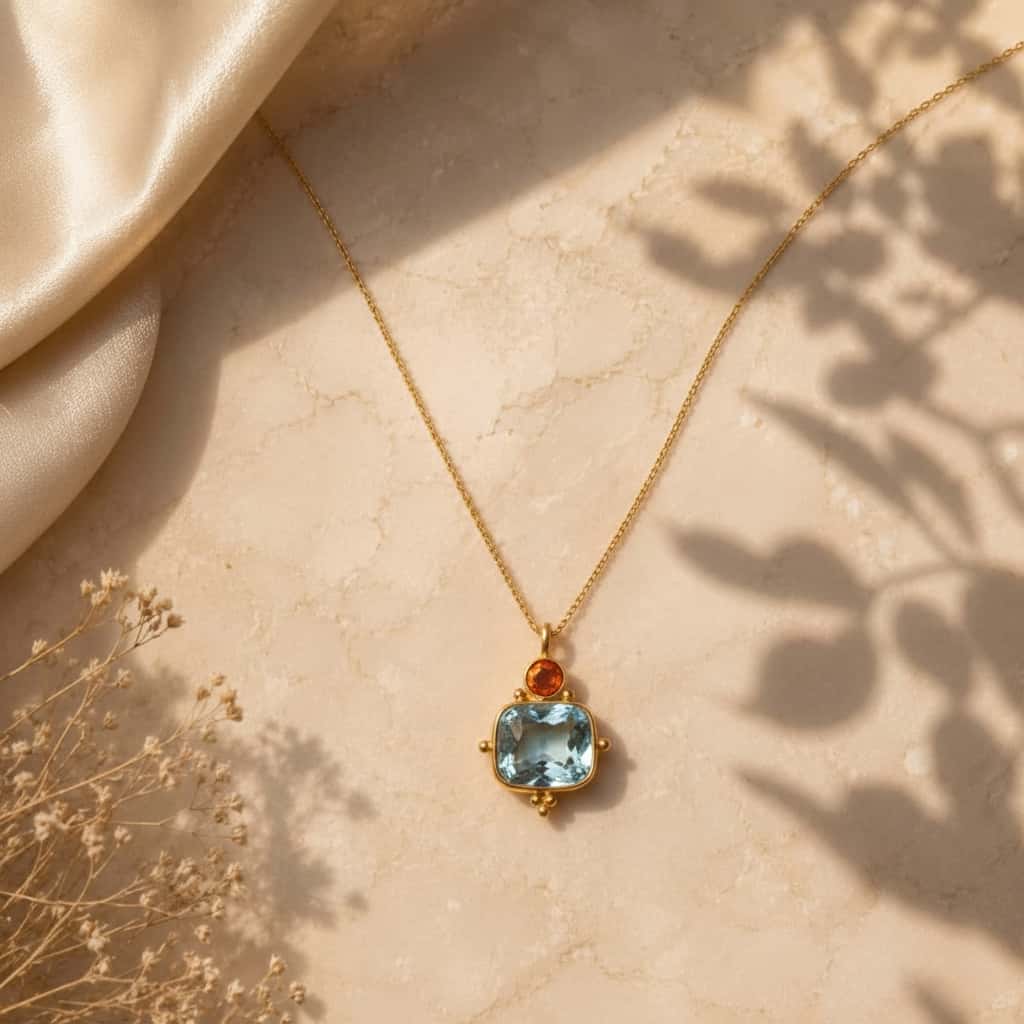London blue topaz και rhodolite pendant κολιέ, χρυσό 925 ασήμι χειροποίητο, flat lay σε μάρμαρο — Celestial Steel