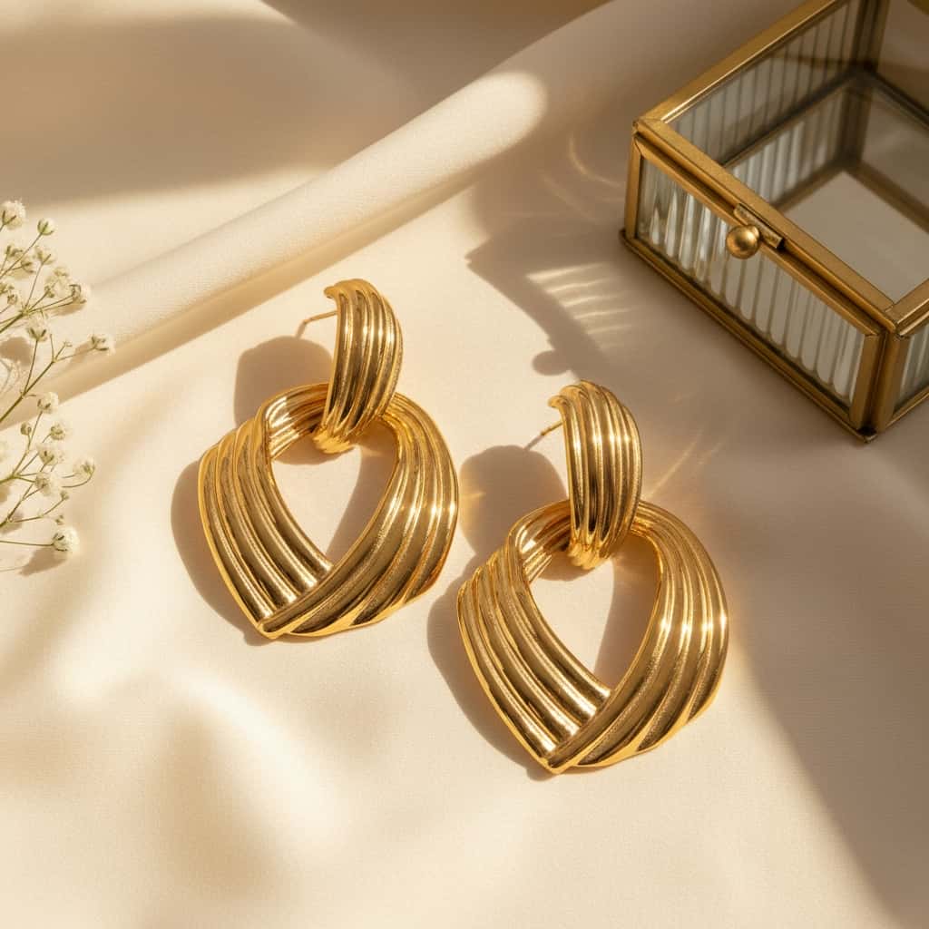 Chunky ribbed heart drop σκουλαρίκια, χρυσό ανοξείδωτο ατσάλι, flat lay σε σατέν — Celestial Steel