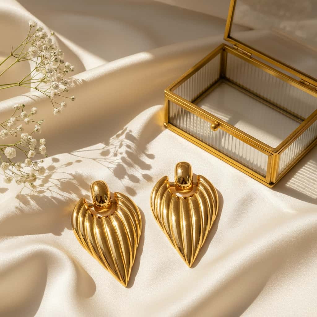 Chunky ribbed shield drop σκουλαρίκια, χρυσό ανοξείδωτο ατσάλι, flat lay με κοσμηματοθήκη — Celestial Steel