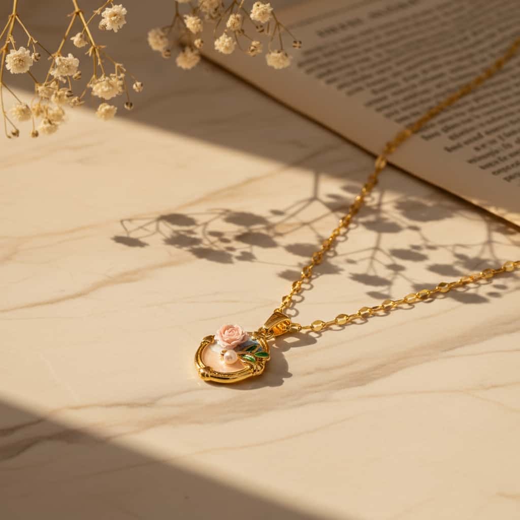 Κολιέ pendant τριαντάφυλλο enamel σε twisted chain, lifestyle με μάρμαρο, gypsophila και βιβλίο — Celestial Steel