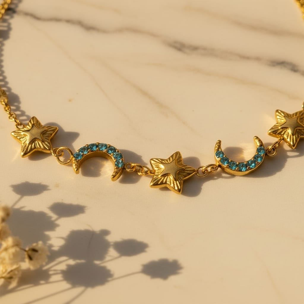Κοντινό βραχιόλι με star και moon charms τιρκουάζ ζιργκόν, χρυσό ανοξείδωτο ατσάλι — Celestial Steel